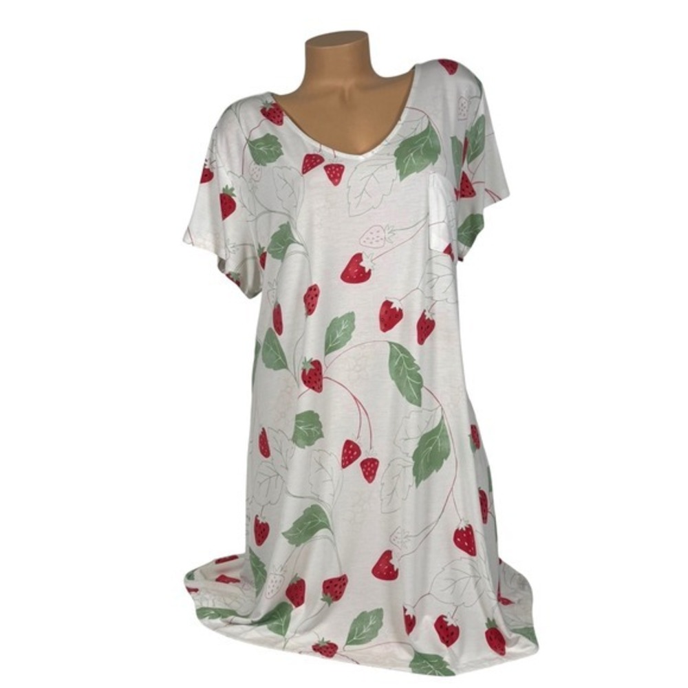 Soma Womens XXL Strawberry V-Neck Nightgown White Red Sleep Dress Short Sleeves